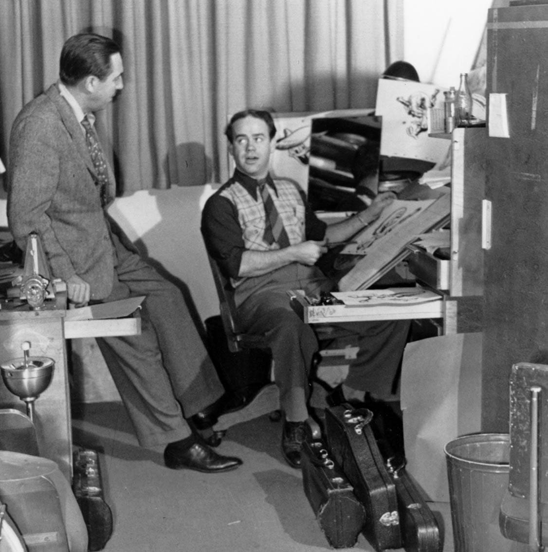 Walt Disney and Ward Kimball during the production of The Three Caballeros (1944).